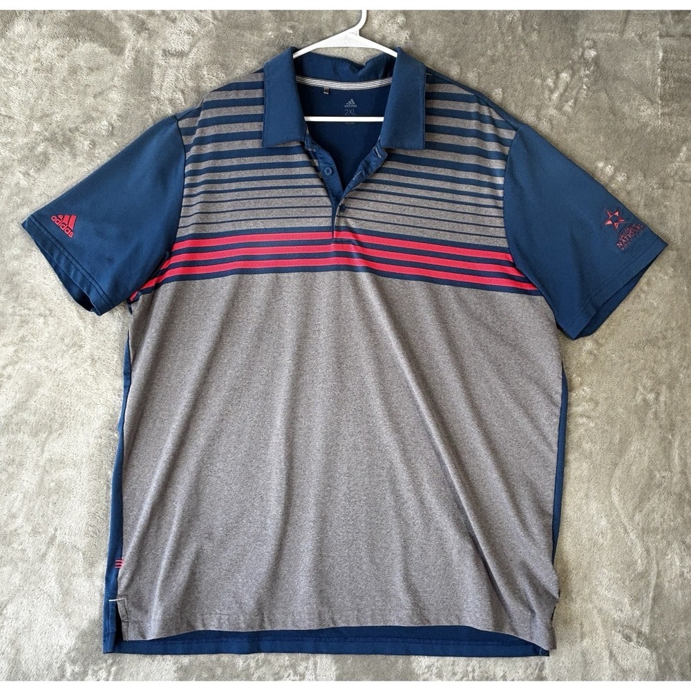 Adidas Polo Shirt Mens 2XL XXL Blue Striped Short Sleeve Performance Golf Casual